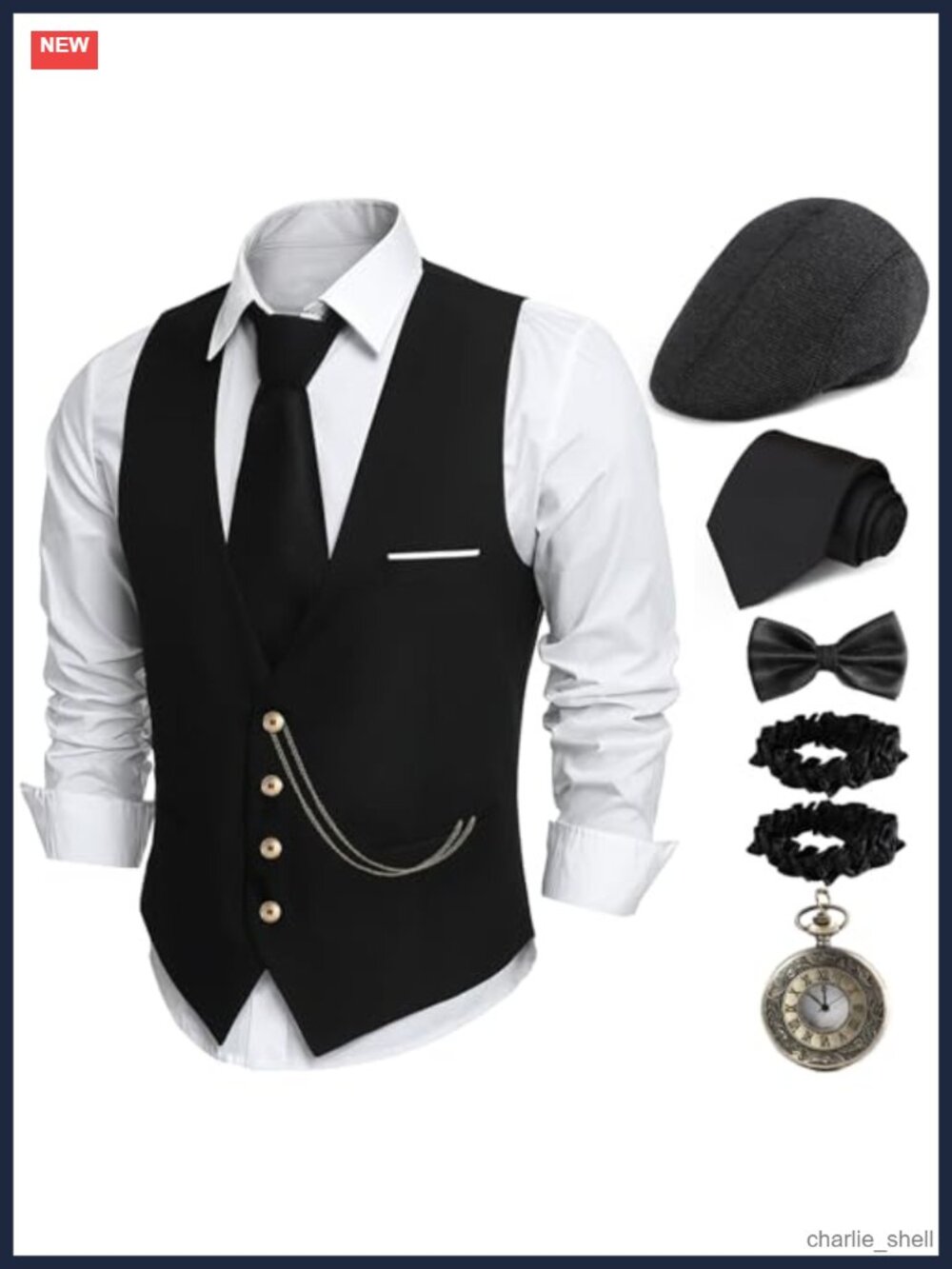 1920s Mens Costume Set Roaring 20s Vest Newsboy Hat Gangster Gatsby Outfit